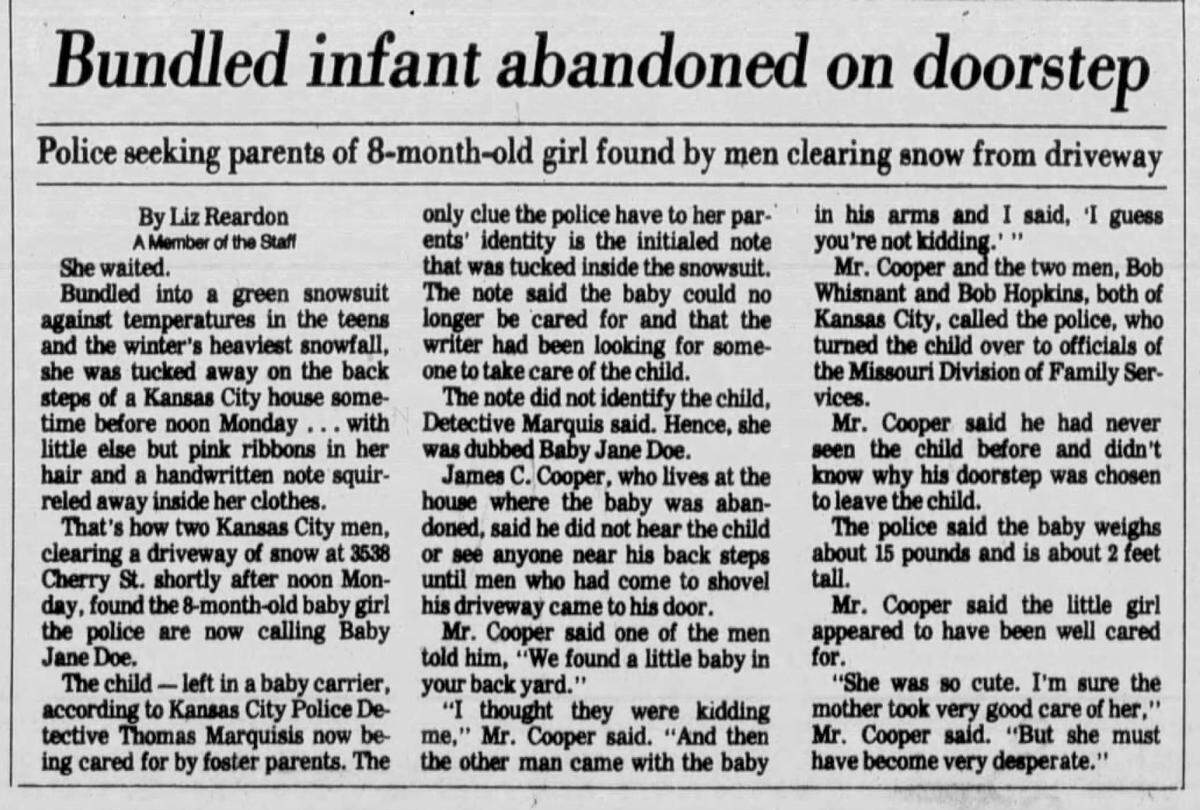 A story in the Kansas City Times on Jan. 6, 1982, told of a baby being found.