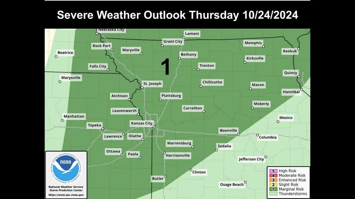 Organized showers and thunderstorms will likely develop along a cold front as it moves through the Kansas City area after sunset on Thursday, according to the National Weather Service. A few low-end severe storms may pop up, with hail around the size of quarters and wind gusts around 60 mph being the main threat.
