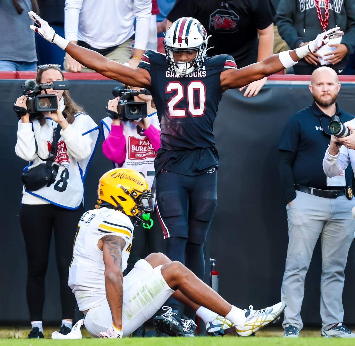 South Carolina Gamecocks defensive back Judge Collier celebrates a pass breakup over Missouri Tigers wide receiver (and intended target) Theo Wease Jr. during a Saturday, Nov. 16, 2024 college football game at Williams-Brice Stadium in Columbia, South Carolina.
