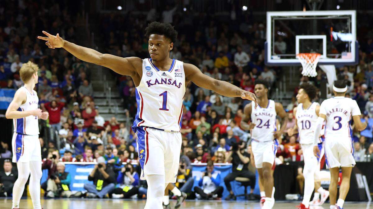 Kansas guard Joseph Yesufu reacts after a score against the Arkansas Razorbacks at Wells Fargo Arena on March 18, 2023. Kansas fell in Des Moines, Iowa, in the second round of the NCAA Tournament.