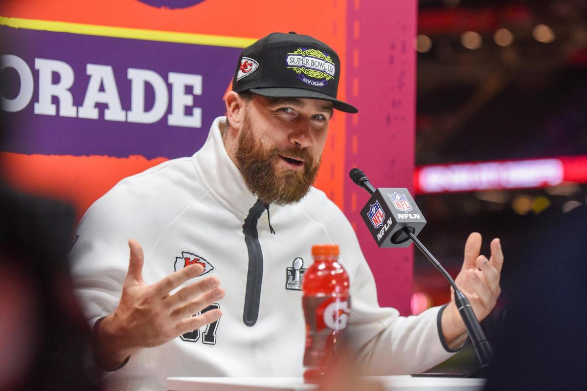 Kansas City Chiefs tight end Travis Kelce talks to members of the media Monday, Feb. 3, 2025, at the Super Bowl LIX Opening Night event in New Orleans.