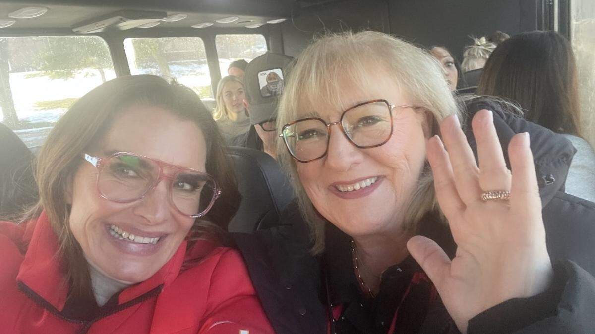 Brooke Shields was in Kansas City Saturday for business and pleasure. She attended the Chiefs-Texans playoff game at GEHA Field at Arrowhead Stadium with Donna Kelce.