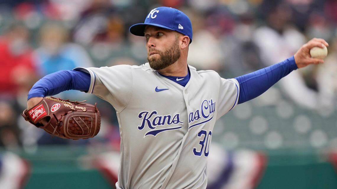 Kansas City Royals starting pitcher Danny Duffy delivers in the first inning of a baseball game against the Cleveland Indians, Monday, April 5, 2021, in Cleveland. (AP Photo/Tony Dejak)