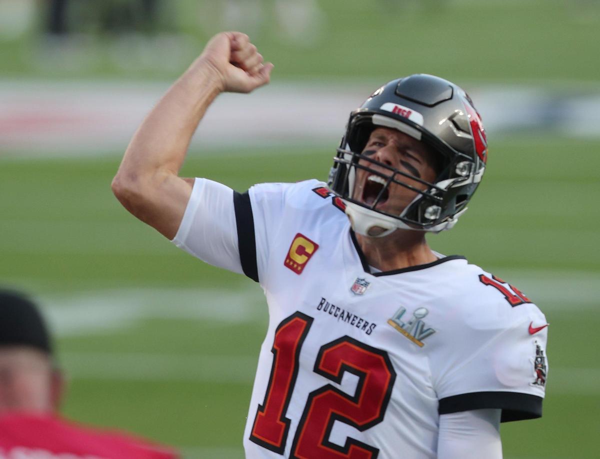 Tampa Bay Buccaneers quarterback Tom Brady gets fired up on the field Sunday, February 7, 2021, before Super Bowl LV at Raymond James Stadium in Tampa, Florida.