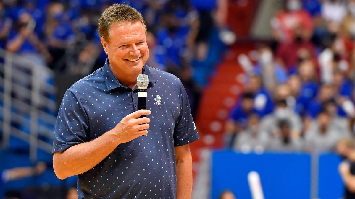 KU head basketball coach Bill Self addresses the crowd during Late Night in the Phog festivities Oct. 1 at Allen Fieldhouse.