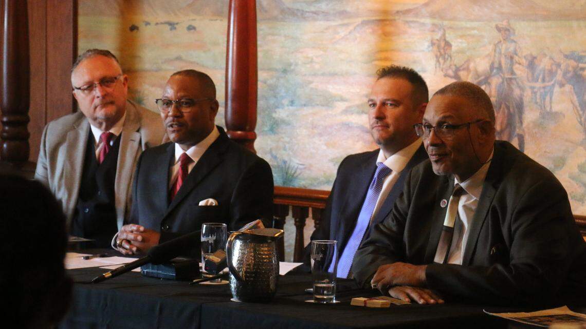 "The Basketball League" commissioner David Magley, from left, new KC Tornadoes head coach Eddie Corporal, team CEO Justin Pattison and chief operating officer and former KC Kings player Kevin Loder this week discussed plans for the minor-league basketball team's second season.