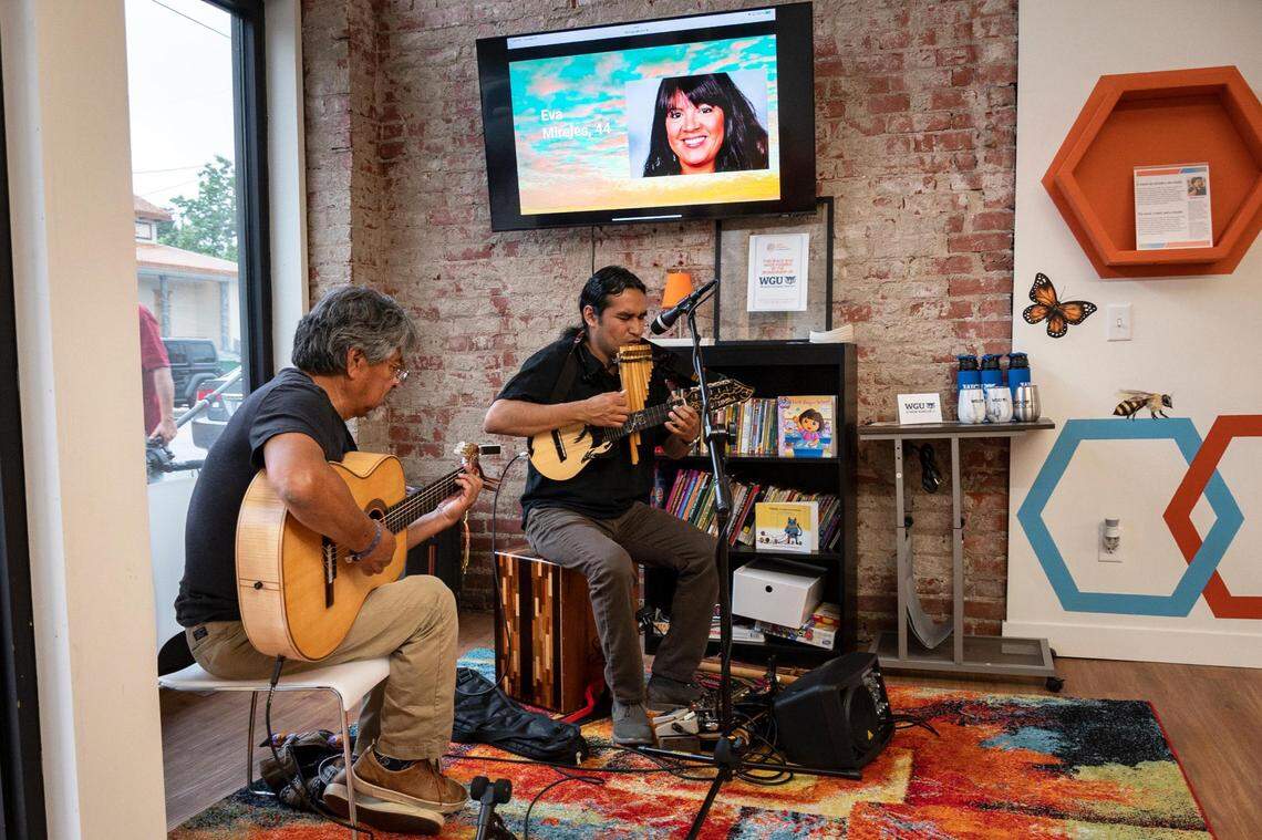 Pedro Calderon, left, and Amado Espinoza play music at the Latinx Education Collaborative for the “Vigilia para nuestros niños” (Vigil for Our Children), on Tuesday, May 31, 2022, in Kansas City. Community members gathered to honor children lost to violence at schools.