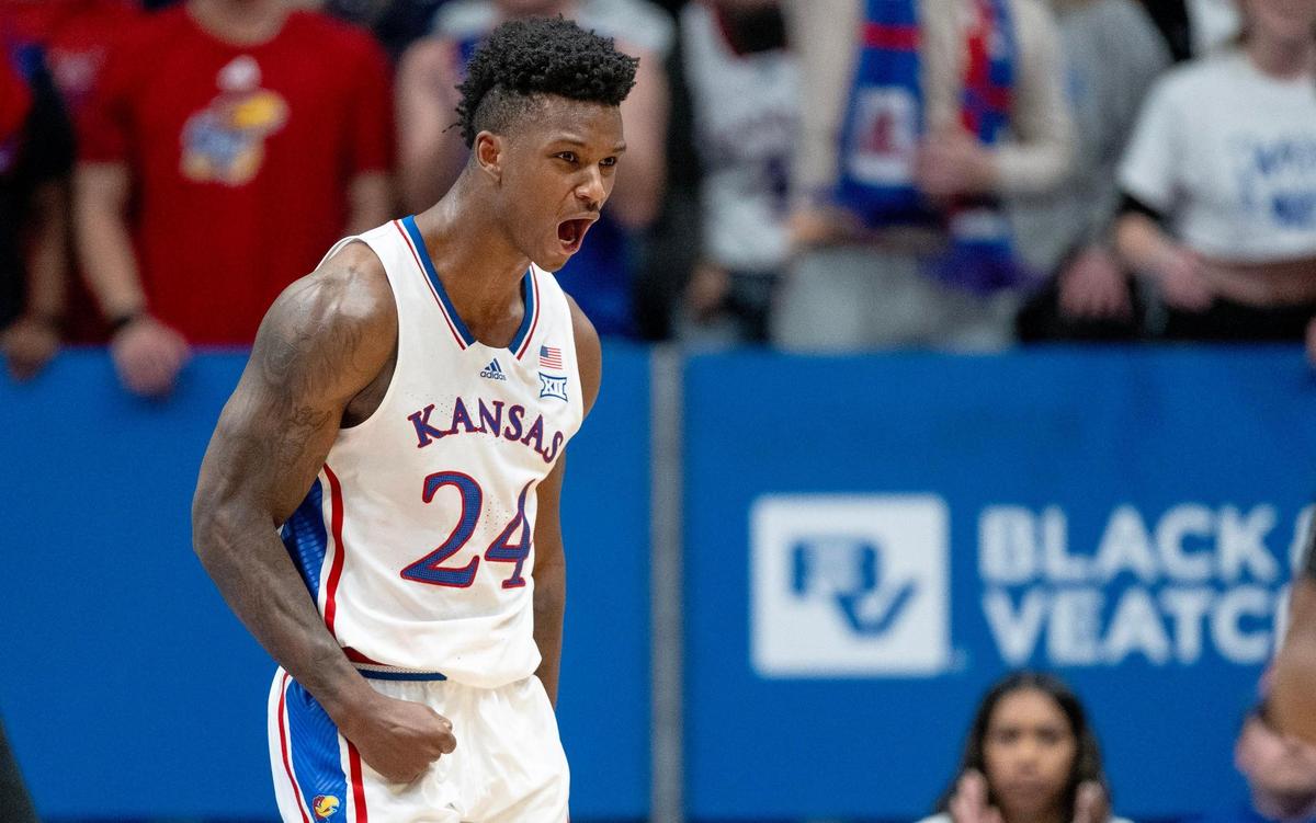 Kansas Jayhawks forward K.J. Adams Jr. (24) celebrates a defensive stop against the Eastern Illinois Panthers during an NCAA college basketball game on Tuesday, Nov. 28, 2023, in Lawrence, Kan.