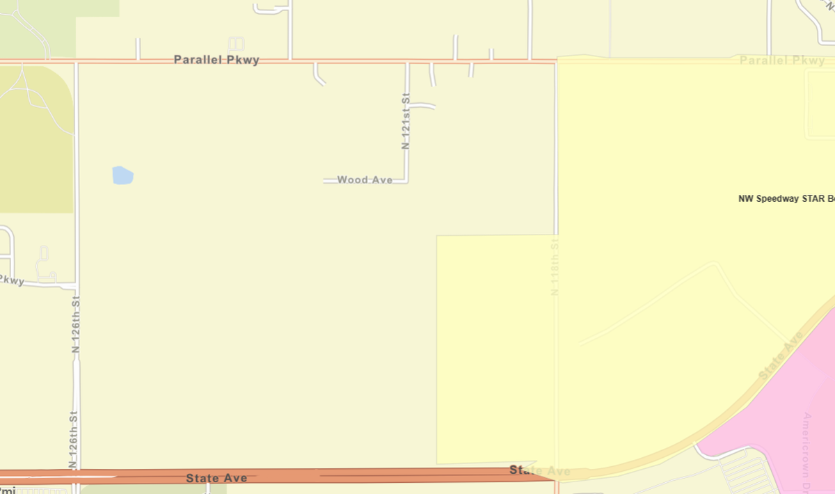 A screenshot of the Unified Government’s STAR bond district map points to the general area where officials want to create a STAR bond district in west KCK for a new, $3B Chiefs stadium. The proposed district would span north of State Avenue and south of Parallel Parkway between 126th and 118th Streets, according to board documents.