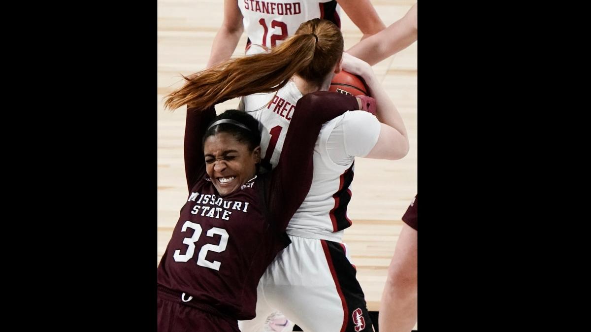 Missouri State’s Jasmine Franklin and Stanford’s Ashten Prechtel battle for a rebound during the second half of an NCAA college basketball game in the Sweet 16 round of the Women’s NCAA tournament Sunday, March 28, 2021, at the Alamodome in San Antonio. (AP Photo/Morry Gash)