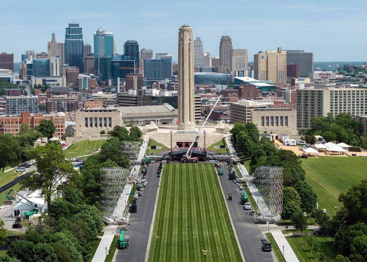 Setup is underway for the 2026 FIFA World Cup Fan Festival at the National WWI Museum and Memorial in this photo taken Thursday, May 14, 2026. The free event will run for 18 select dates during the global soccer tournament, spanning June 11 through July 11 in Kansas City.