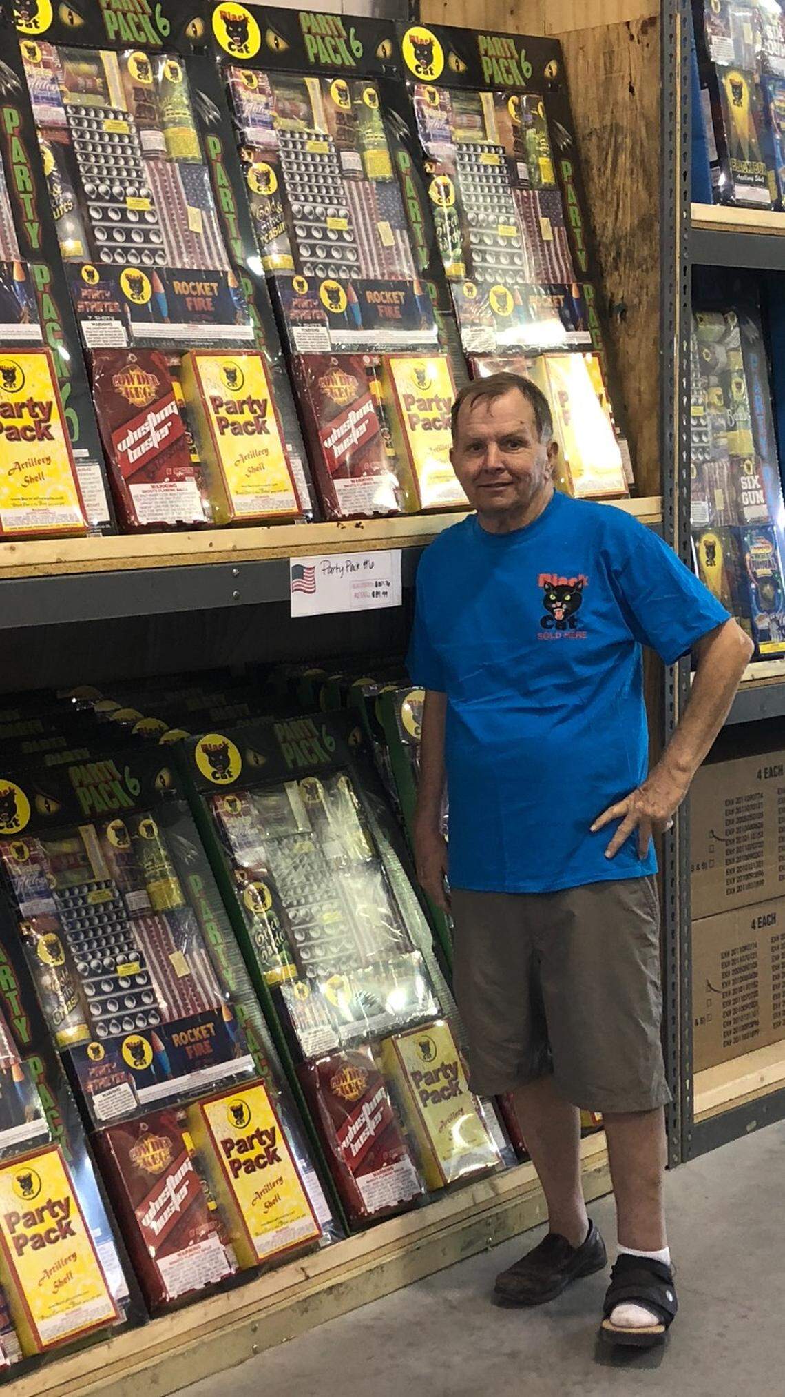 David Collar, 69, at a Winco fireworks retail outlet. Collar started Winco Fireworks with his brothers John and Mike in Pittsburg, Kansas in 1964.