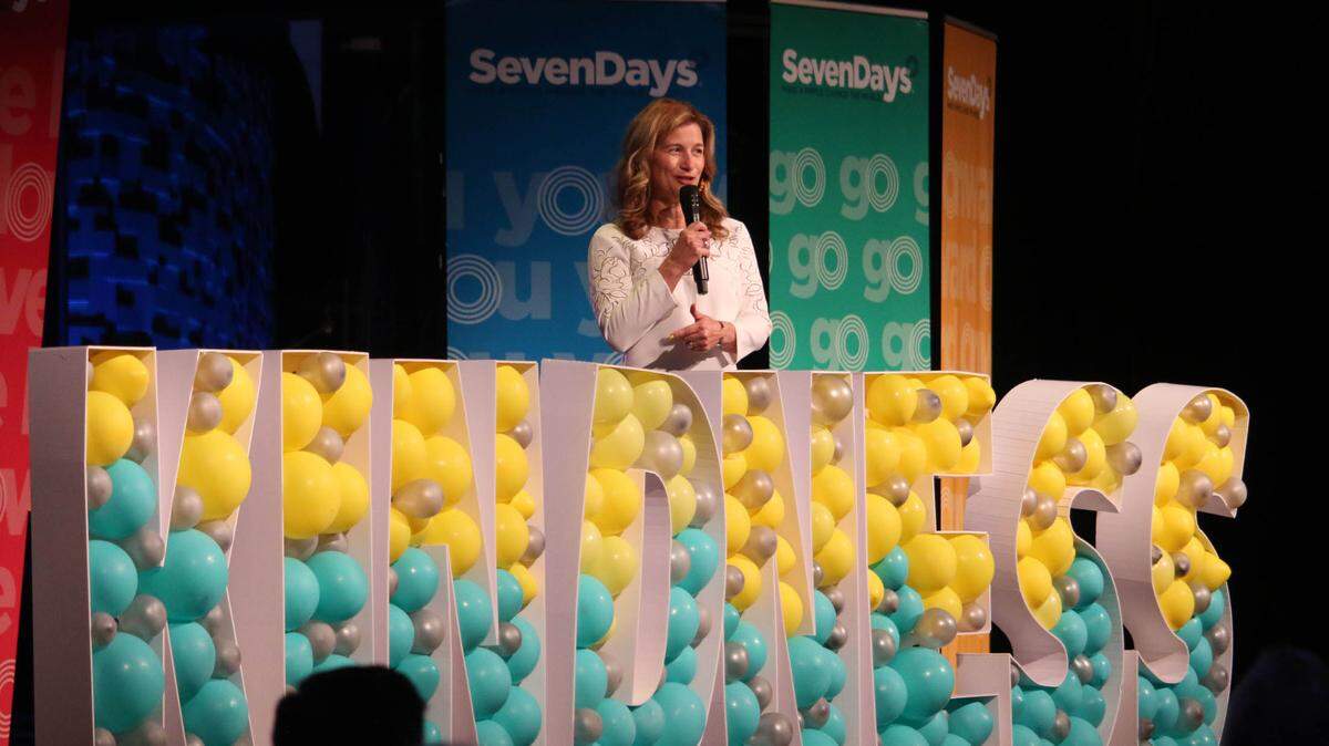Mindy Corporon speaks to the crowd at the SevenDays kindness breakfast at Church of the Resurrection April 5.