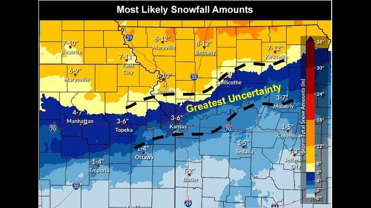 The heaviest snowfall from a cross-country winter storm is expected to fall north of the Kansas City area, according to the National Weather Service. Some areas could see 6 inches to a foot of snow. In the Kansas City metro, between 3 and 6 inches is expected, but some uncertainty remains in the forecast.