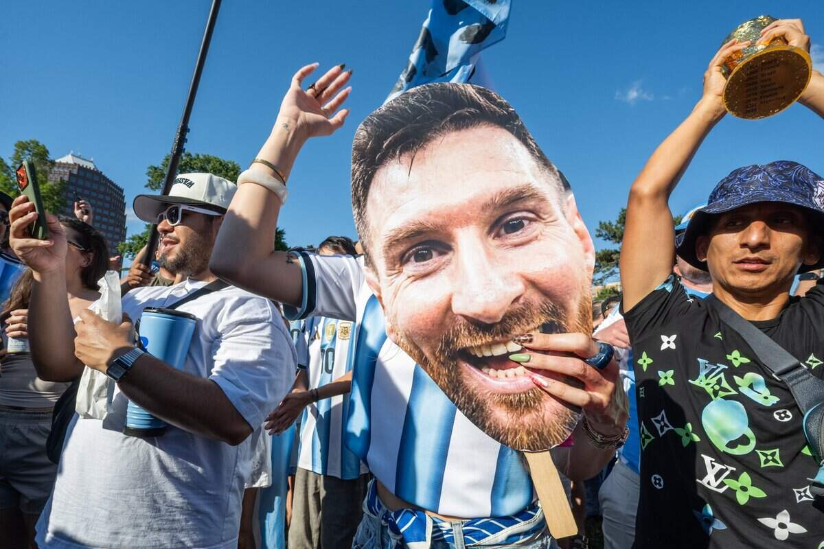 Argentina fans rally at Mill Creek Park on Friday, June 10, 2026. Argentina and superstar Lionel Messi will face Switzerland at Kansas City Stadium on Saturday for a chance to advance to the semifinals of the World Cup.