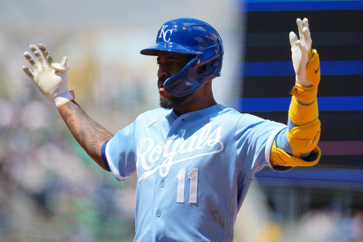Royals third baseman Maikel Garcia celebrates an RBI single against the Cleveland Guardians at Kauffman Stadium in Kansas City on Thursday, May 07, 2026.
