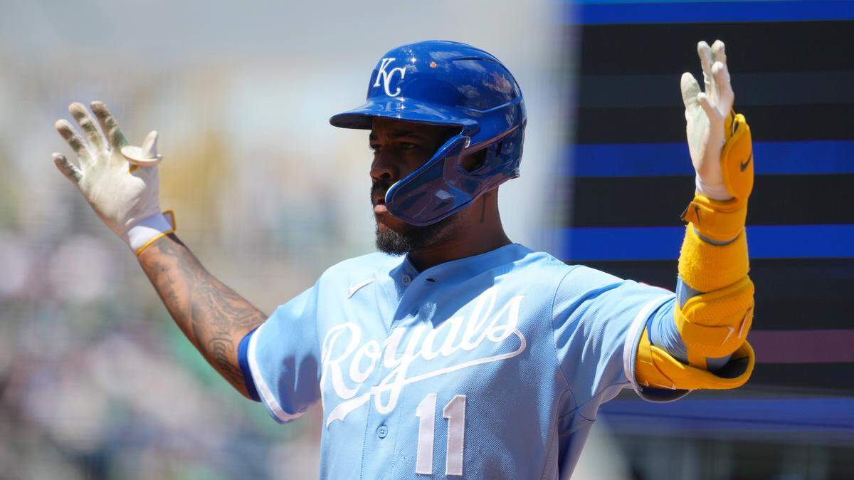 Maikel Garcia #11 of the Kansas City Royals celebrates an RBI single against the Cleveland Guardians in the fifth inning at Kauffman Stadium on May 07, 2026 in Kansas City, Missouri.