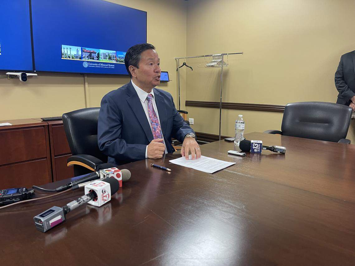 University of Missouri System President Mun Choi speaks with reporters on Sept. 29, 2025, after a fatal shooting in downtown Columbia ahead of the university’s homecoming parade.