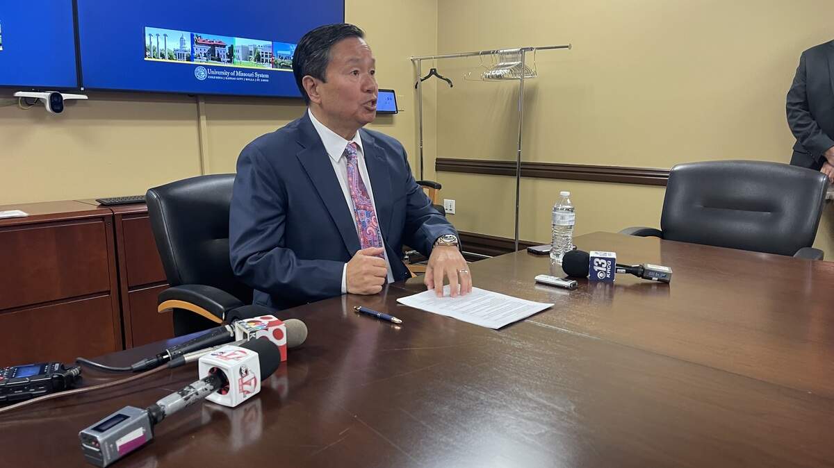 University of Missouri System President Mun Choi speaks with reporters on Sept. 29, 2025, after a fatal shooting in downtown Columbia ahead of the university’s homecoming parade.