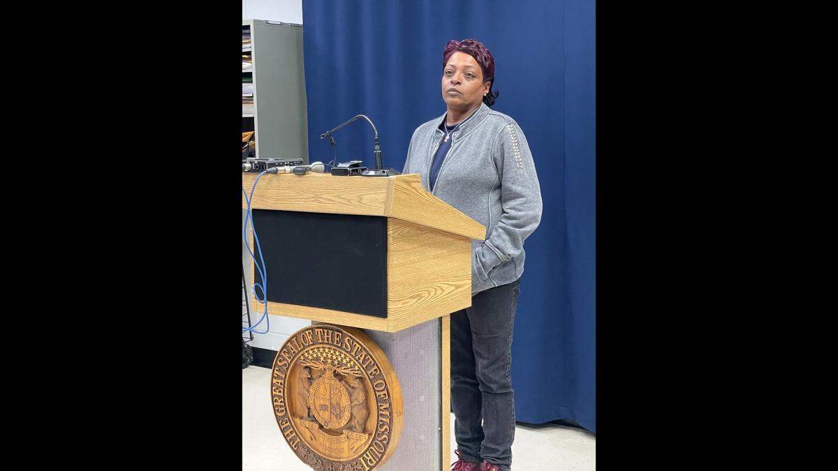 Gerjuan Rowe, Angela Rowe’s sister, speaks after Leonard Taylor was executed on Feb. 7, 2023, at Eastern Reception, Diagnostic and Correctional Center in Bonne Terre. “Justice was served,” she said.
