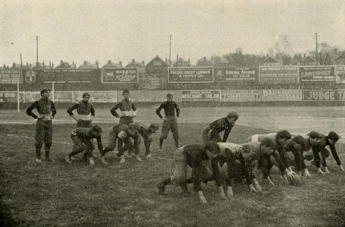 A Manual High School team in an early running formation, without receivers. KANSAS CITY PUBLIC LIBRARY