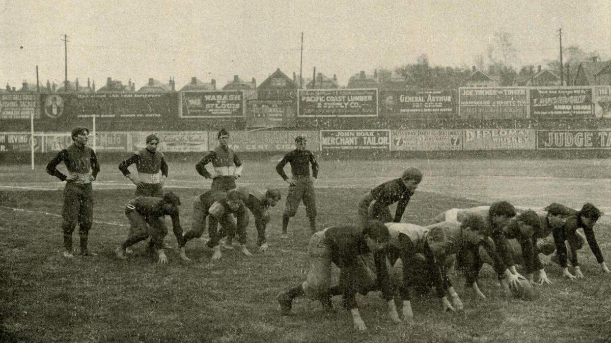 A Manual High School team in an early running formation, without receivers. KANSAS CITY PUBLIC LIBRARY