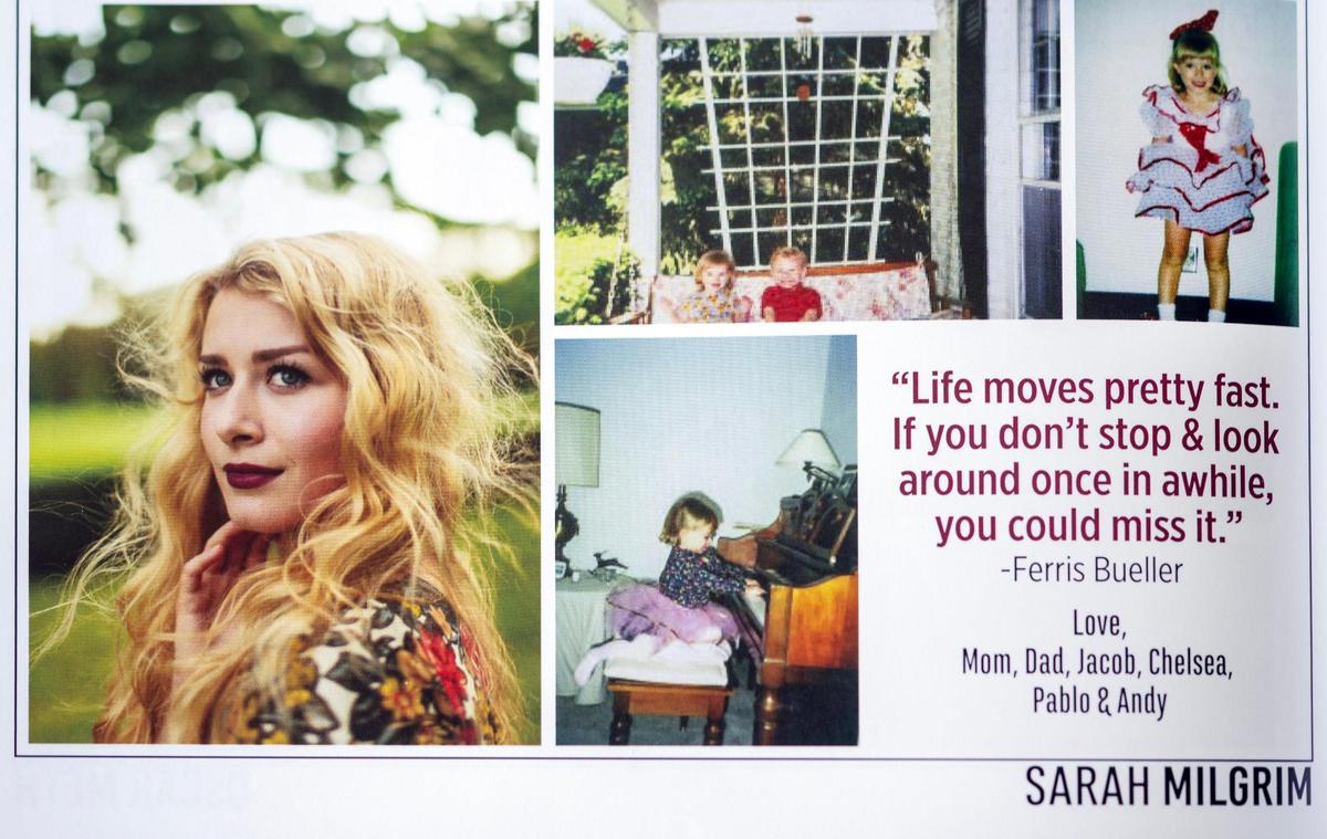 Sarah Milgrim, a 2017 graduate of Shawnee Mission East High School in Prairie Village, was featured in senior announcement photos published in the Hauberk 2017 yearbook. Milgrim, 26, and her boyfriend, Yaron Lischinsky, 30, an Israeli embassy staffer, were fatally shot outside the Capital Jewish Museum in Washington on Wednesday night, May 21, 2025.