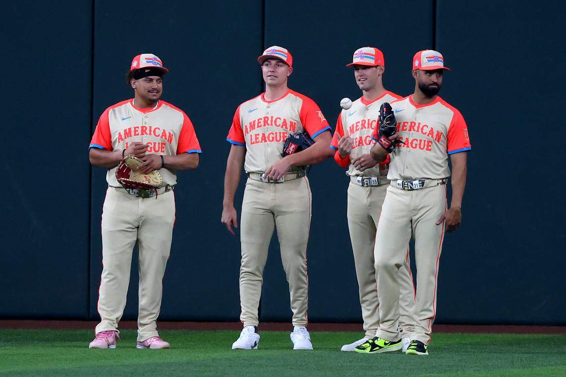 (L-R) Josh Naylor #22 of the Cleveland Guardians, Tarik Skubal #29 of the Detroit Tigers, Cole Ragans #55 of the Kansas City Royals and Riley Greene #31 of the Detroit Tigers look on prior to the 94th MLB All-Star Game presented by Mastercard at Globe Life Field on July 16, 2024 in Arlington, Texas.