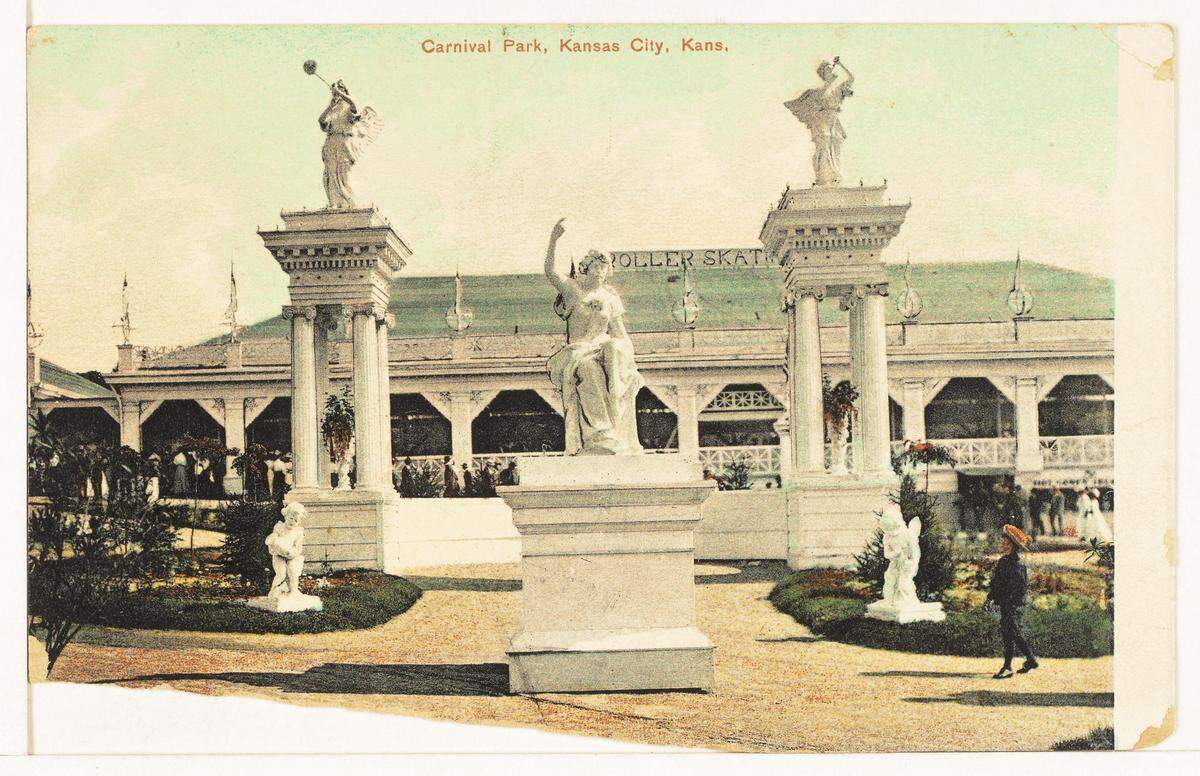 Postcard of the roller skating rink of Carnival Park in Kansas City, Kansas. Mrs. Sam Ray Postcard Collection (SC58)
