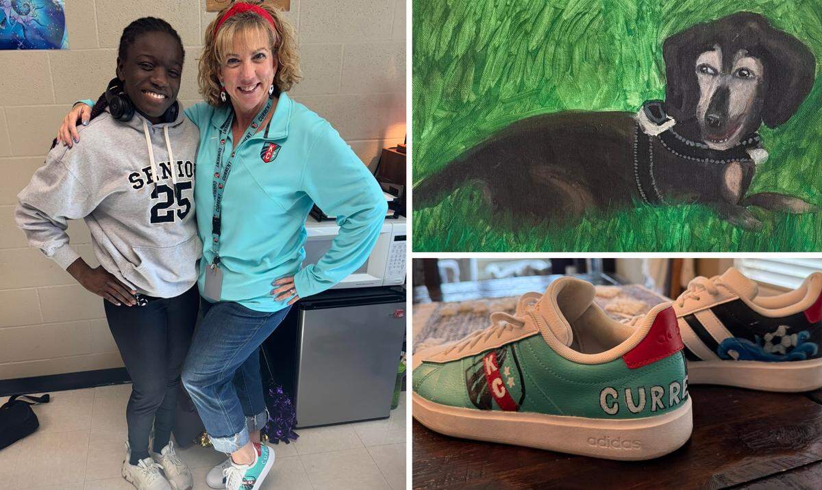 Belton’s Louise Juitt painted a pair of shoes for her high school math teacher, Michelle Sumler, a huge KC Current fan, and also drew her a portrait of Sumler’s dog when it died.