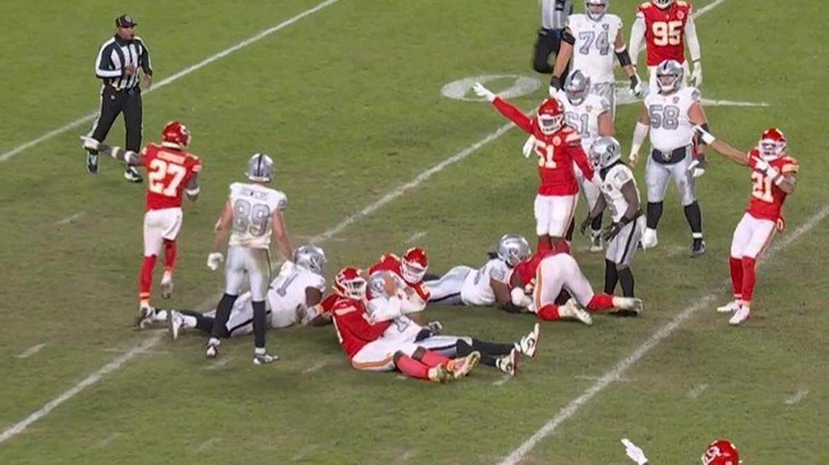 .The Chiefs won the game against the Raiders on Friday, Nov. 29, 2024, on this fumble recovery at Arrowhead Stadium.