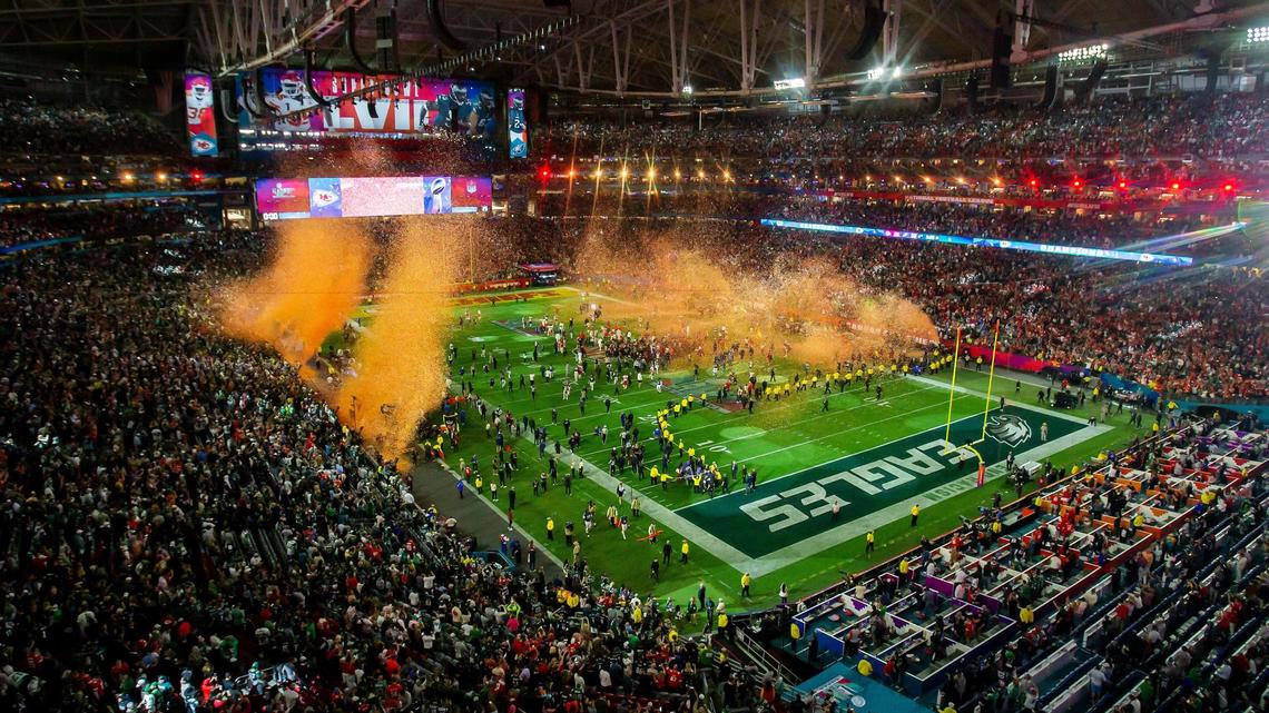 Red and gold confetti showers the field in favor of the Kansas City Chiefs victory during Super Bowl LVII on Sunday, Feb. 12, 2023, in Glendale, Ariz.