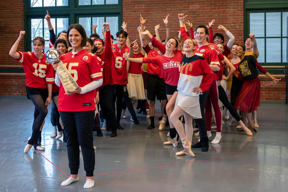 Kansas City Ballet Company dancers rehearse for one of the segments that will be part of the video the ballet company is producing to challenge the Philadelphia Ballet in a dance-off before Super Bowl LIX.