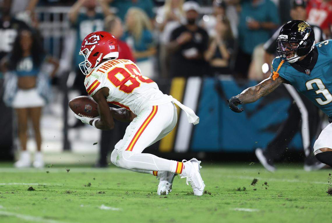 Kansas City Chiefs wide receiver Tyquan Thornton, left, makes a catch in front of Jaguars cornerback Tyson Campbell during an NFL game at EverBank Stadium in Jacksonville, Florida on Monday, Oct. 6, 2025.
