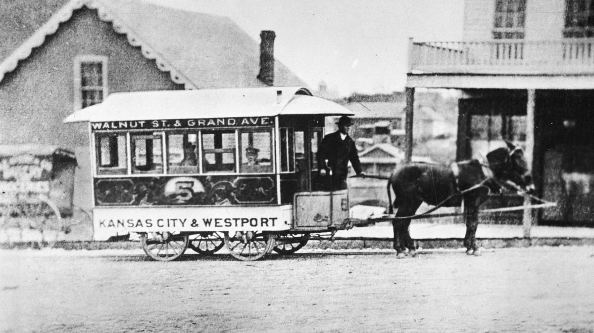 It took about two hours to get from Kansas City to Westport in this early day transit car-unless the mule balked. Then the trip could have required most of the day. Riders sometimes took their lunches along on this cross-country jaunt in 1870.