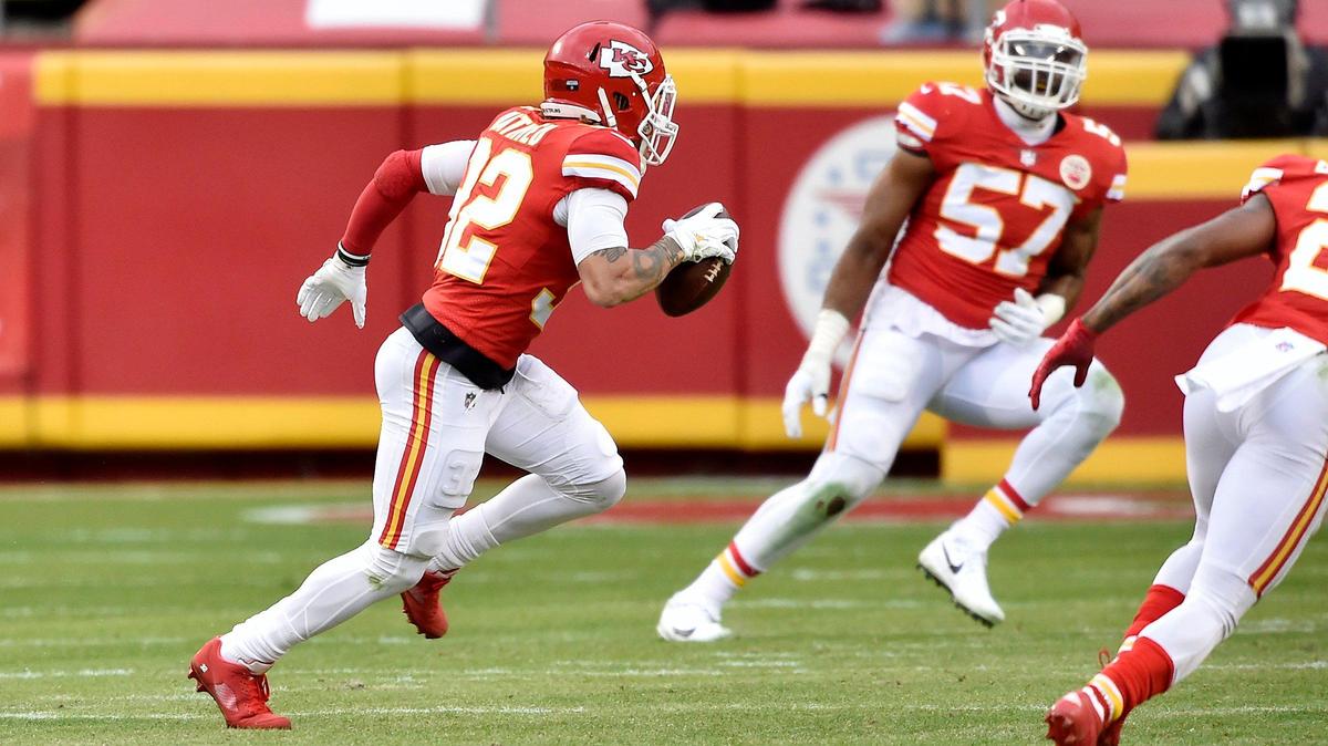 Kansas City Chiefs strong safety Tyrann Mathieu gains yards after intercepting a Cleveland Browns quarterback Baker Mayfield pass in the third quarter of the AFC Divisional Playoff game between the Chiefs and the Cleveland Browns at Arrowhead Stadium Sunday, Jan. 17, 2021. The Chiefs defeated the Browns 22-17.