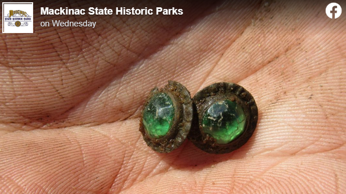 A set of joined sleeve buttons was found during an archaeological dig at Colonial Michilimackinac.