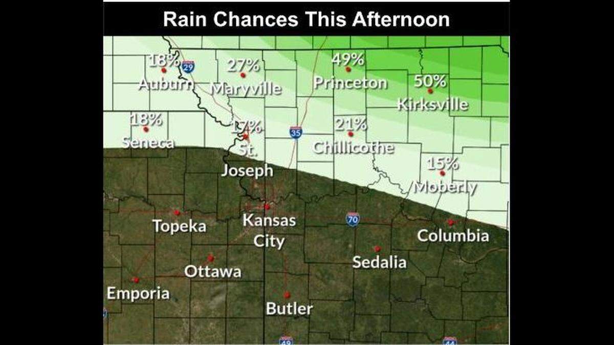 There is a chance for afternoon showers and lightning Thursday afternoon in northern Missouri, but the rain should stay away from the Kansas City metro area, according to the National Weather Service. Pleasant spring weather is expected the next few days.