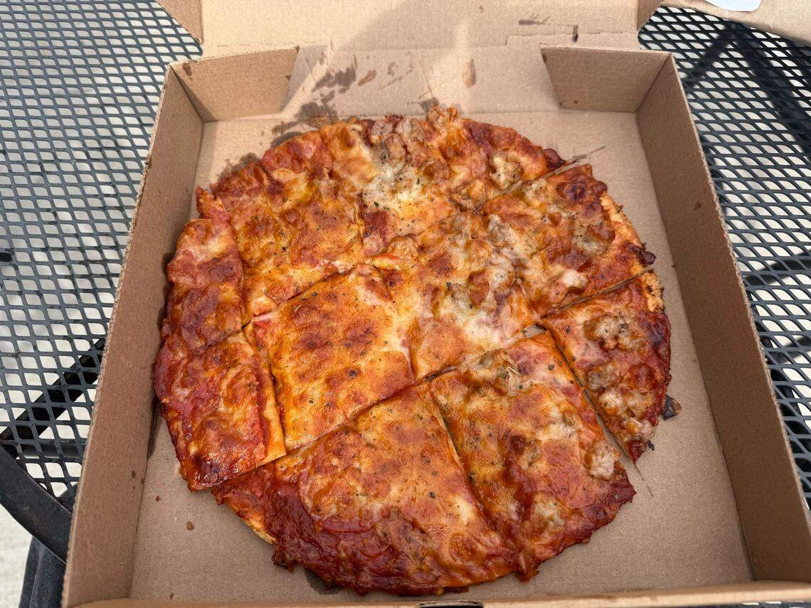 A 10-inch pizza from Imo’s Pizza, a chain known for it’s St. Louis-style pizza.