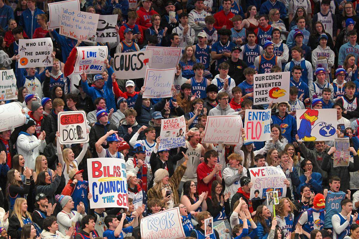 Kansas fans hold up signs in Allen Fieldhouse as it hosts ESPN's College GameDay ahead KU's highly anticipated matchup vs. BYU on Saturday, Jan. 31, 2026.