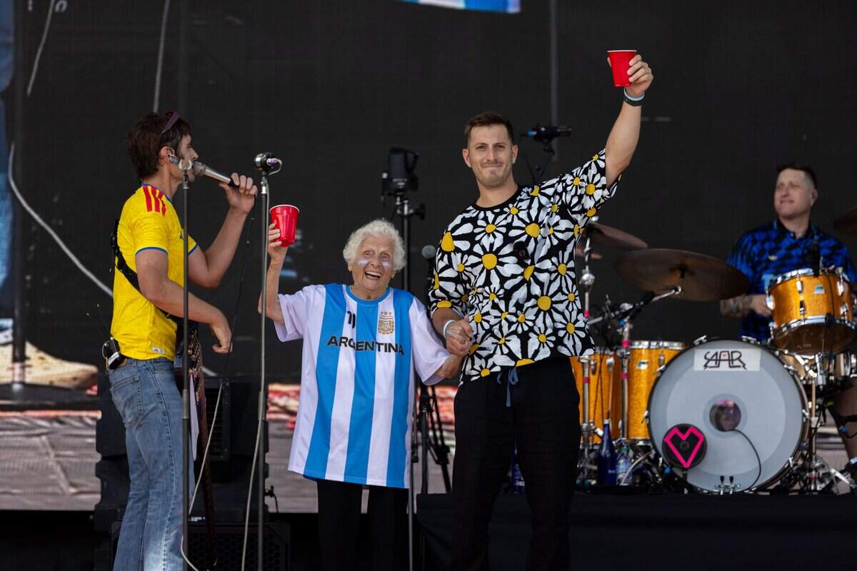 Social media influencer Gangster Granny joins All American Rejects on stage during their FIFA Fan Fest concert at Fan Fest on Saturday, July 11, 2026.
