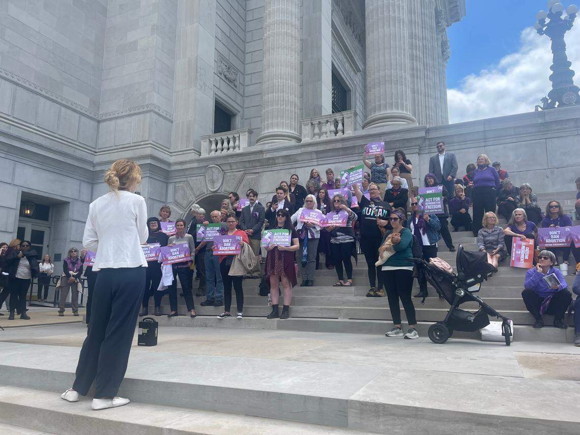 On the steps on the Missouri Capitol, a crowd of abortion rights supporters protest legislation on Wednesday, April 30, 2025, that would enact a new abortion ban in Missouri.