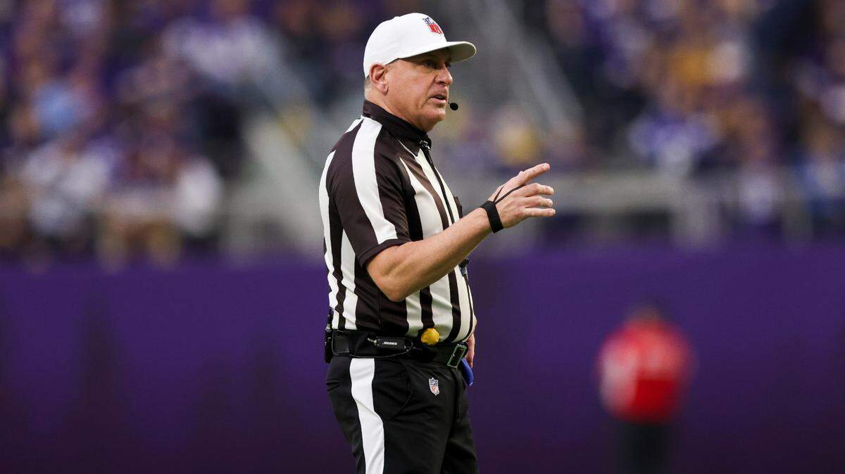 NFL referee John Hussey (35) on the field during the first half of an NFL football game between the Los Angeles Rams and Minnesota Vikings, Sunday, Dec. 26, 2021 in Minneapolis. (AP Photo/Stacy Bengs)