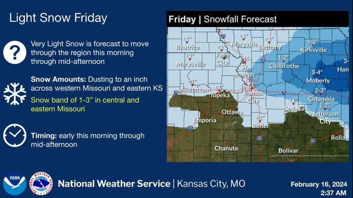 Winter returns to the Kansas City area with light snow expected in the metro area, according to the National Weather Service. Kansas City will likely only see a dusting to an inch of snow, but areas in central and eastern Missouri will see between an inch and three inches of snow.