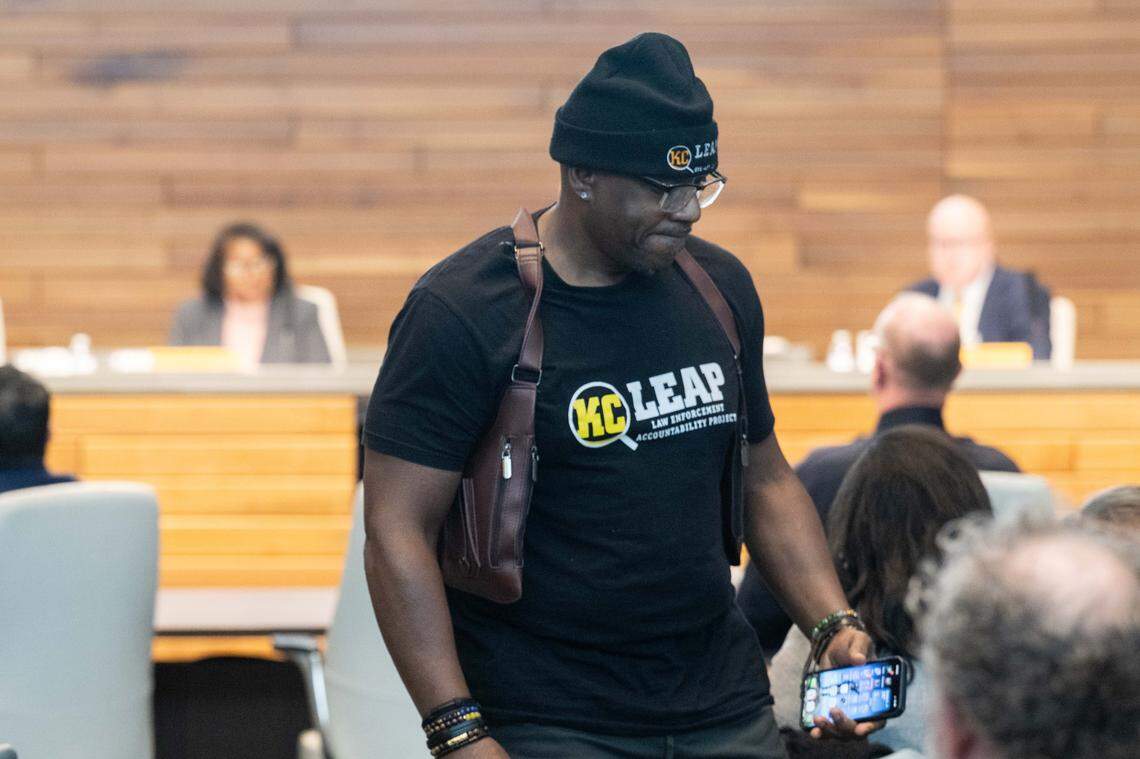 Steve Young sits down after speaking during the Kansas City Board of Police Commissioners January meeting on Tuesday, January 27, 2026, at KCPD Headquarters. Young spoke for a little over two minutes regarding embattled KCPD officer Blayne Newton.