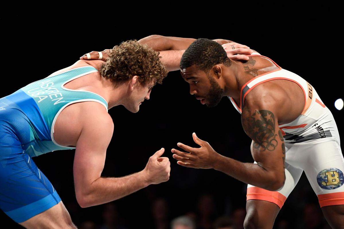 Olympians Ben Askren, left, a former Missouri Tigers wrestler, and Jordan Burroughs go at it during the Beat the Streets “Grapple at the Garden” on Monday, May 6, 2019, in New York.