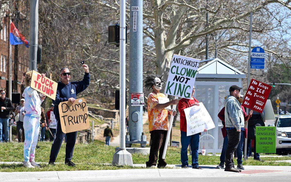 Protesters gathered in Mill Creek Park near the Country Club Plaza on Saturday, March 28, 2026, for a No Kings protest against the Trump administration. It's the third round of No Kings protests that have swept the nation over the past year.
