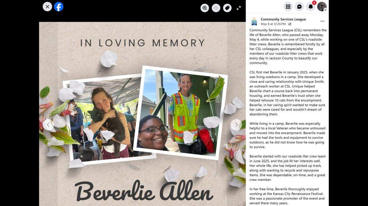 Beverlie Allen, 57, a Community Services League roadside litter crew member, was killed May 4 after being struck by a pickup along U.S. 50 near Lee’s Summit. The Community Services League posted a tribute to her on its Facebook page on Friday.