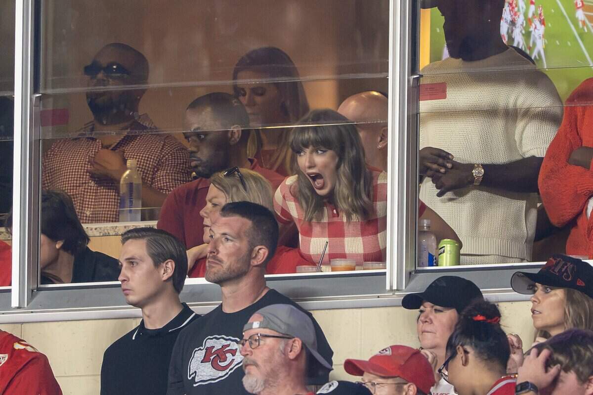 Pop star Taylor Swift reacts to a play during the fourth quarter of the season opener between the Kansas City Chiefs and the Denver Broncos at Arrowhead Stadium Monday, Sept. 14, 2026, in Kansas City.