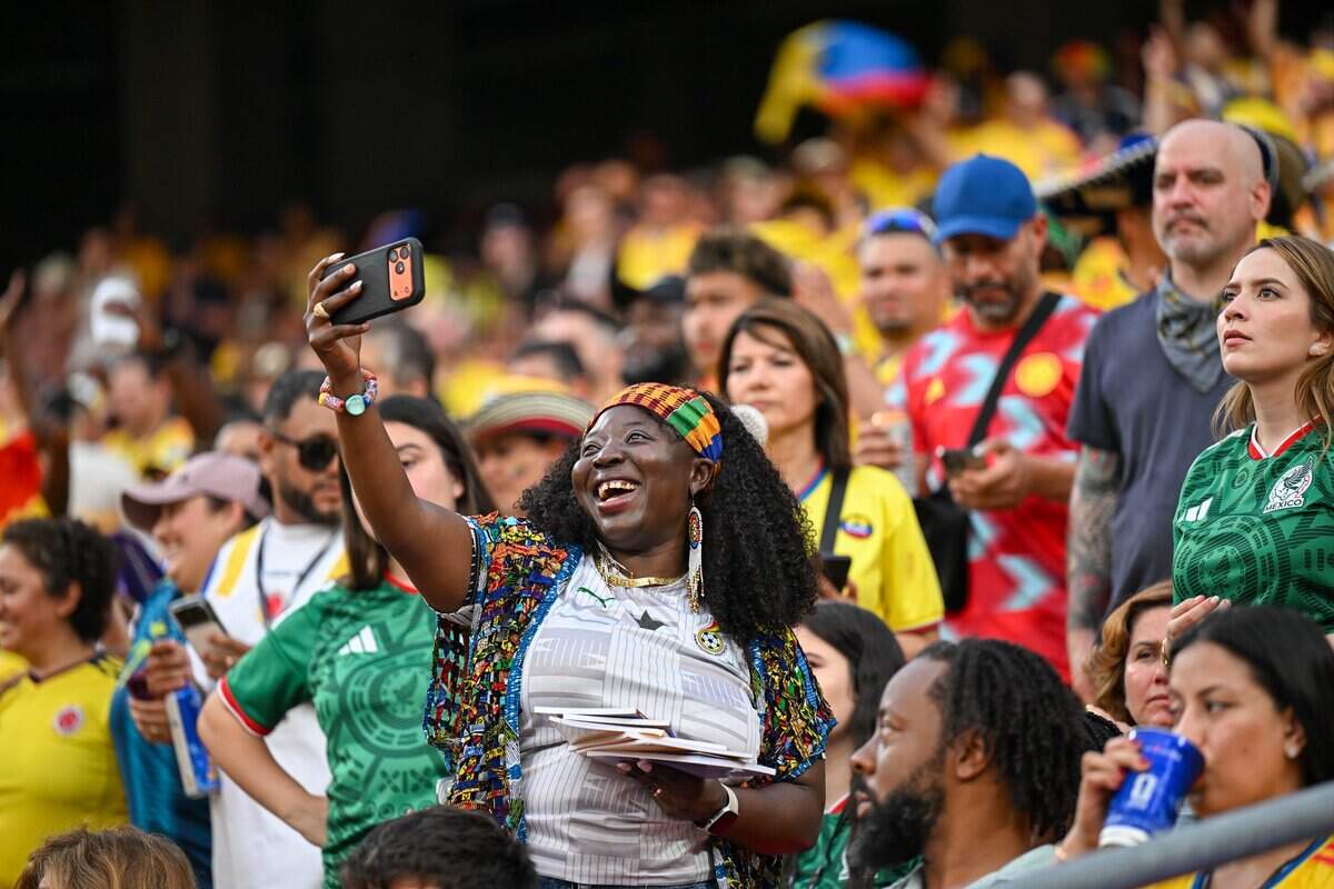 Ghanian fans are thrilled to be at the Colombia vs. Ghana 2026 World Cup round of 32 football match at Kansas City (Arrowhead) Stadium in Kansas City on Friday, July 3, 2026.